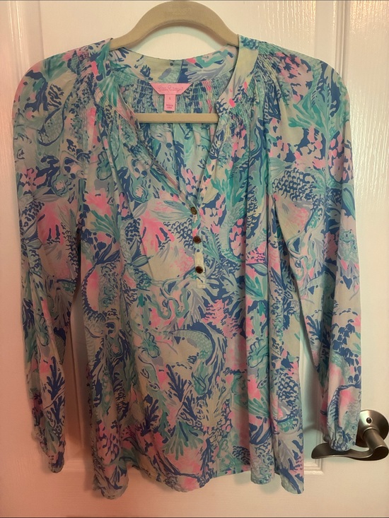 Lilly Pulitzer Tops - Lilly Pulitzer Mint, Pink & Navy Tropical Henley Blouse